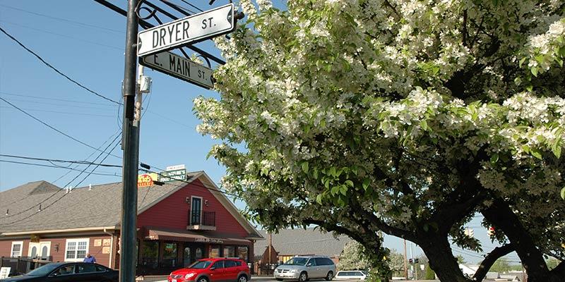 Street sign on the corner of Dyer St. and E. Main St., with a flowering tree in the foreground and a red building in the background