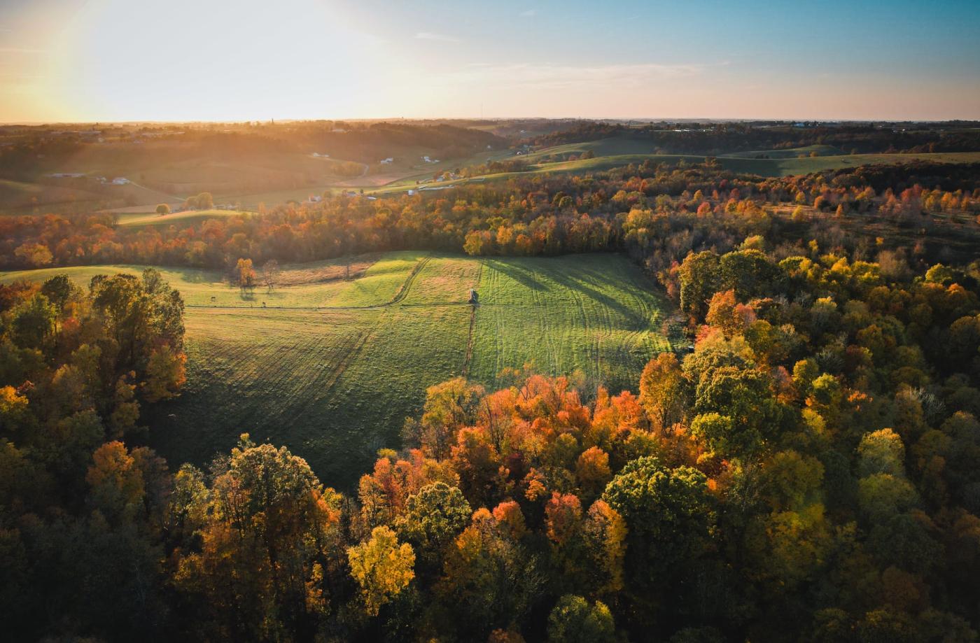 Fall leaves around Ohio Amish Country from a drone
