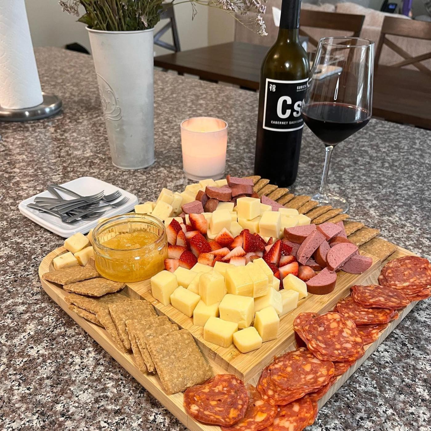 Charcuterie board with items from Heini's Cheese Chalet